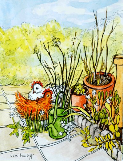 Hühner und Töpfe, Lucy Redman Open Garden von Joan Thewsey