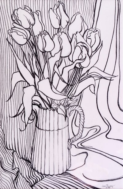 Tulpen vor einem gestreiften Tuch von Joan Thewsey