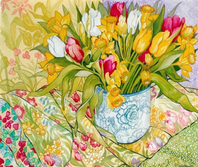Tulpen und Narzissen mit gemusterten Textilien, 2000 von Joan Thewsey