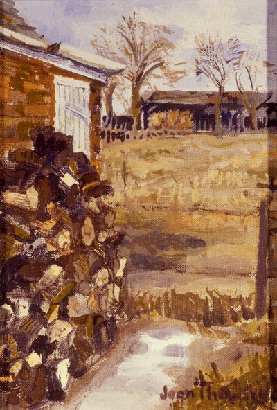 Blick aus dem Fenster des Cottages, Holz für den Winter gelagert von Joan Thewsey