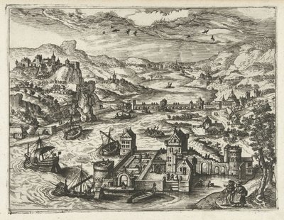 Flusslandschaft mit Wasserburg von Joannes van Doetechum (I) (attributed to)