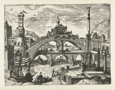 Stadt mit bebauter Brücke von Joannes van Doetechum (I) (attributed to)