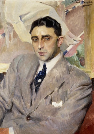 Porträt des Schauspielers Ramon Pena, Halbfigur, in einem grauen Anzug von Joaquín Sorolla