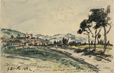 Chateau, Cote Saint Andre (recto); Leerer Wagen und Schuppen mit anderen Skizzen (verso) von Johan Barthold Jongkind