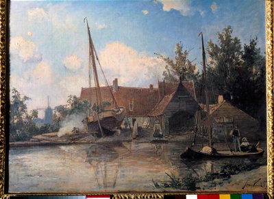 Niederländische Landschaft mit einem großen Boot von Johan Barthold Jongkind