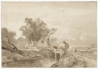 Landschaft mit einer Brücke mit einem Heuwagen darauf von Johan Barthold Jongkind