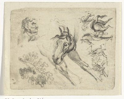 Studienblatt mit Pferden, einem Mann und einem Ast von Johan Bernard Scheffer