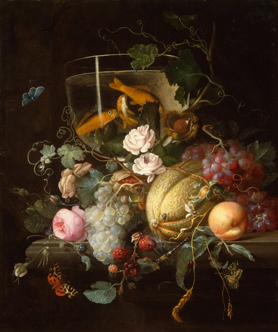 Ein Goldfischglas, Rosen, Früchte und Nüsse mit Insekten auf einem Stein Sims von Johan Christiaan Roedig