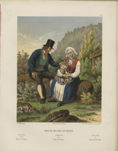 Illustration aus dem Buch Udvalgte norske Nationaldragter von unbekanntem Autor, veröffentlicht von Chr. Tønsberg (Norwegen, 1861) von Johan Fredrik Eckersberg