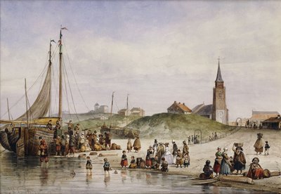 Fischerleute am Strand mit einer Stadt im Hintergrund, 1857 von Johan Gerard Smits