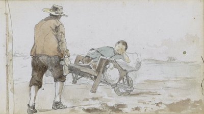Landschaft mit einem Mann, der einen Jungen auf einem Handkarren schiebt von Johan Hendrik Weissenbruch