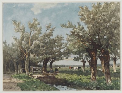 Landschaft mit einem Graben, in dem zwei Jungen angeln von Johan Hendrik Weissenbruch