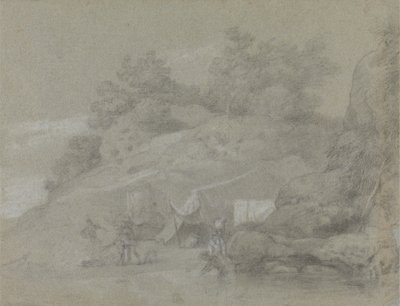 Ein Fluss an einem felsigen Ufer mit Figuren, möglicherweise in Indien von Johan Joseph Zoffany
