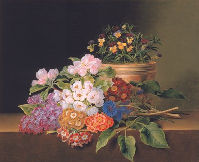 Flieder, Apfelblüten, Kornblumen und Bartnelken mit einem Topf Stiefmütterchen auf einem Sims, 1827 von Johan Laurents Jensen