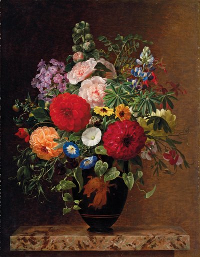 Flieder, Apfelblüten, Kornblumen und Nelken mit einem Topf Veilchen auf einem Sims, 1827 von Johan Laurents Jensen