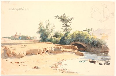 Teilweise ausgetrocknetes Flussbett mit Brücke, oben zwei Federstudien eines Mädchens von hinten von Johan Thomas Lundbye