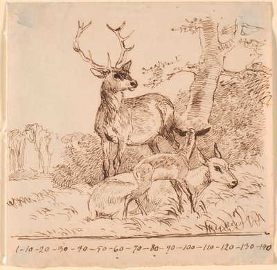 Ein Hirsch, eine Hirschkuh und ihr Kitz von Johan Thomas Lundbye