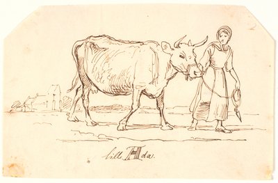 Ein Mädchen zieht eine Kuh in einer Landschaft mit einer Kirche. "Kleine Ada" von Johan Thomas Lundbye