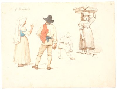 Vier Figurenstudien. Stehende Frau und stehender Bocciaspieler, ein Bocciaspieler beim Wurf und kleines Mädchen mit einem Korb auf dem Kopf von Johan Thomas Lundbye