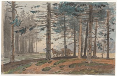 Fichtenwald mit Weg, auf dem ein Pferdewagen mit Holz fährt. Im Hintergrund eine Lichtung im Wald von Johan Thomas Lundbye
