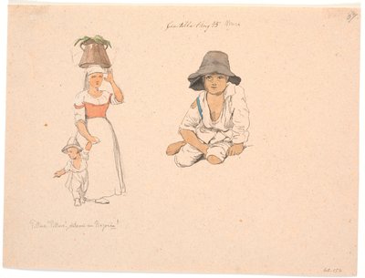 Italienerin mit einem Eimer auf dem Kopf und einem bettelnden Jungen an der Hand. Rechts eine Studie eines sitzenden italienischen Jungen von Johan Thomas Lundbye