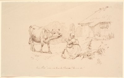Komm Bos! Vor einem Bauernhof sitzt eine Frau mit einem Kind, das auf eine Kuh zeigt von Johan Thomas Lundbye