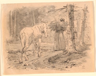 Die Frau und das Pferd. Illustration zu Kaalunds "Fabler for Børn". Siehe Kommentar aus dem Arkatalog. von Johan Thomas Lundbye
