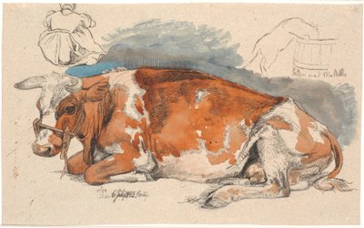 Liegende Kuh. Oben links ein sitzendes Bauernmädchen, rechts eine Katze, die aus einer Milchschüssel trinkt von Johan Thomas Lundbye