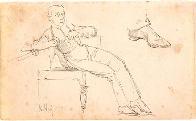 Skizzenbuchblatt mit sitzendem jungen Mann und Studie eines Schuhs von Johan Thomas Lundbye