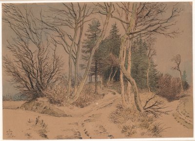 Schneebedeckte Wege zwischen Tannen und kahlen Bäumen von Johan Thomas Lundbye