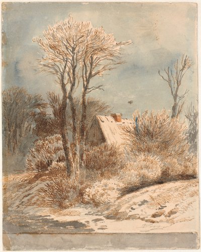 Schneelandschaft mit Haus zwischen Bäumen von Johan Thomas Lundbye