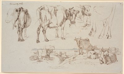 Studienblatt aus Vognserup. Oben Studien von Kühen, unten Landschaft mit stehenden und liegenden Kühen von Johan Thomas Lundbye