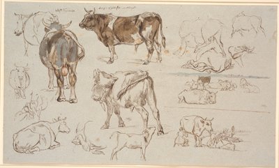 Studienblatt aus Vognserup. Studien von Kühen, Stieren und Kälbern. Rechts zwei Landschaftsstudien, die obere mit liegenden Kühen, die untere mit Melkszene von Johan Thomas Lundbye