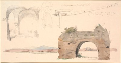 Studienblatt von der römischen Campagna, Italien. Unten Aquarellstudie eines römischen Aquädukts mit Blick auf niedrige Berge. Links eine Studie eines offenen Raums mit flachen Gewölben, in der Mitte eine Italienerin, die ein großes Bündel auf dem Kopf trä von Johan Thomas Lundbye
