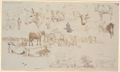 Studienblatt vom Melkplatz in Vognserup. Oben vor allem Studien von Kühen, in der Mitte u.a. Melkwagen und unten Hauptgebäude und Nebengebäude von Vognserup von Johan Thomas Lundbye