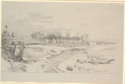 Winterlandschaft mit einem Weg, der sich über die Felder durch ein Steintor schlängelt von Johan Thomas Lundbye