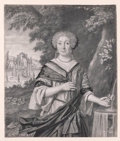 Porträt einer Frau in der Nähe eines Brunnens, eine Rose in der Hand von Johan Thopas