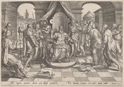 Moses und Aaron vor dem Pharao von Johan Wierix, after Maarten van Cleef
