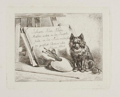 Hund sitzt bei den Malutensilien und dem Portfolio mit der Adresse des Künstlers von Johann Adam Klein