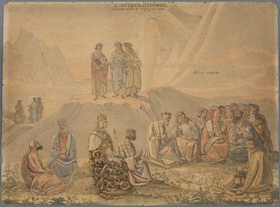 Hier findet Dante die Seele von Fürsten, die nur mit Herrschersorgen erfüllt waren, es versäumten, Buße zu tun, und sich nun auf einer grünen und blumigen Wiese reinigen müssen von Johann Anton Ramboux