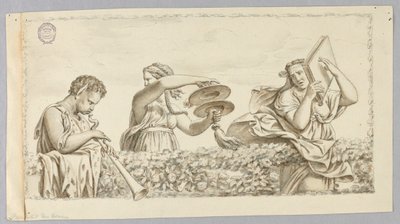 Ein Satyrjunge spielt Flöte, ein Mädchen mit Zimbeln, eine Frau mit einem Buch von Johann August Nahl the Younger
