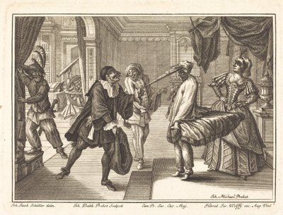 Harlekin im Haus von Dr. Polovard von Johann Balthasar Probst after Johann Jacob Schübler