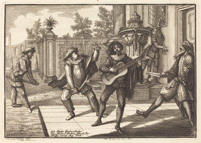 Scaramouche lenkt Pantalon ab von Johann Balthasar Probst after Johann Jacob Schübler