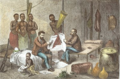 Dr. David Livingstone (1813-73) und Mr. Henry Morton Stanley (1841-1904) erhalten Zeitungen in Zentralafrika, graviert von Pearson (spätere Kolorierung) von Johann Baptist Zweecker