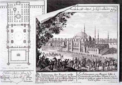 Plan und Ansicht der Suleymaniye-Moschee, Istanbul, aus 