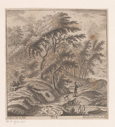 Mann mit einem Hund, der entlang eines Waldrands spaziert von Johann Caspar Ulinger