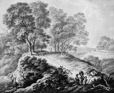 Landschaft mit Figuren und Weg zwischen hohen Bäumen von Johann Christian Klengel