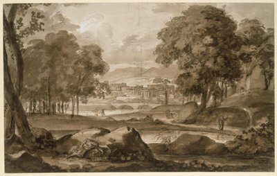 Große Waldlandschaft mit antiker Stadt und figürlicher Staffage von Johann Christian Reinhart