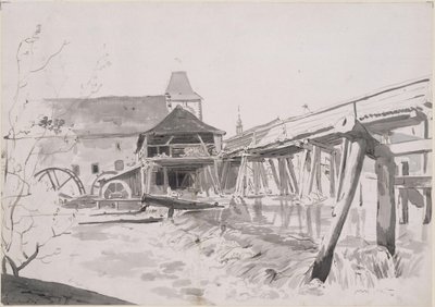 Holzbrücke mit Wehr und Wassermühle von Johann Christian Reinhart