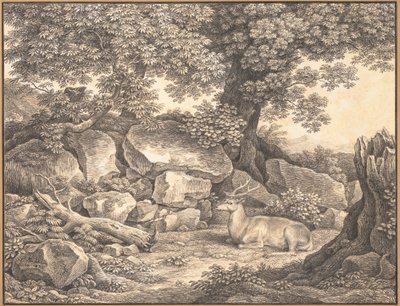 Italienische Landschaft mit Bäumen, Felsen und einem ruhenden Hirsch von Johann Christian Reinhart